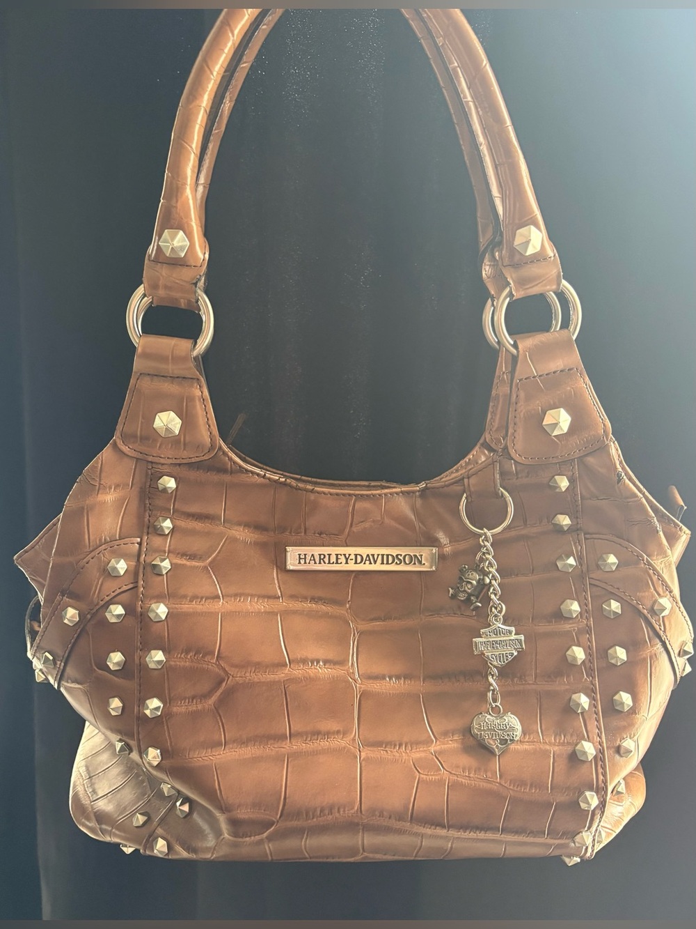 Harley-Davidson Tan Croc-Embossed Shoulder Bag with Studs